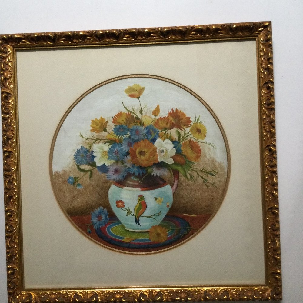 1969 Original painting still life vase and flowers beautiful frame artist L.A.F